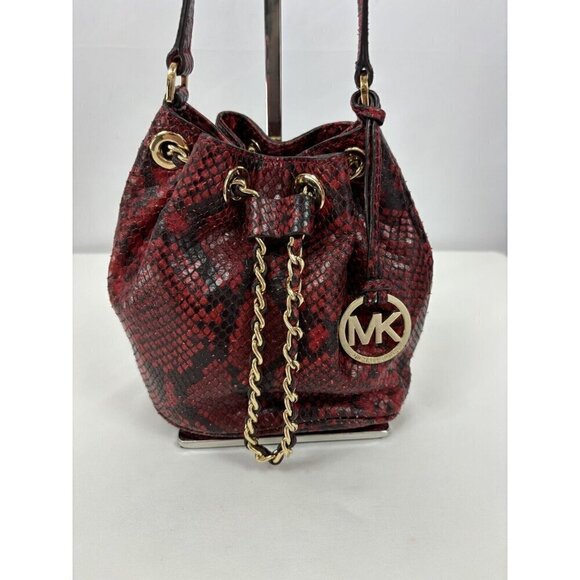 Michael Kors Frankie Crossbody Bag Red Black Snakeskin Print Small Pouch Bucket - Picture 1 of 14